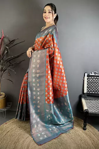 Women burnt orange   floral design  with  copper motifs tissue silk saree