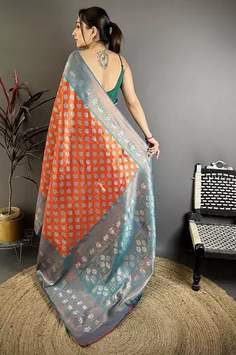Women burnt orange   floral design  with  copper motifs tissue silk saree