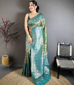 Women teal green floral design  with  copper motifs tissue silk saree