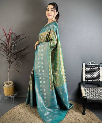Women teal green floral design with copper motifs tissue silk blend saree 2