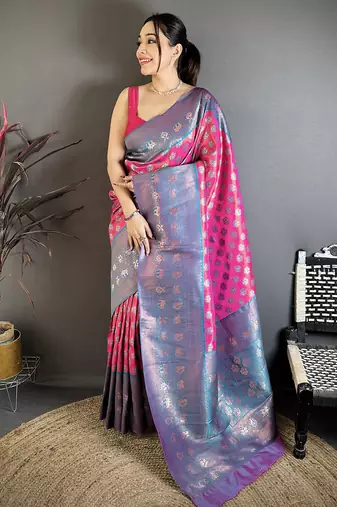 Women pink floral design  with  copper motifs tissue silk saree