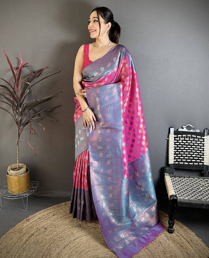Women pink floral design  with  copper motifs tissue silk saree