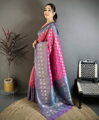 Women pink floral design with copper motifs tissue silk blend saree 2