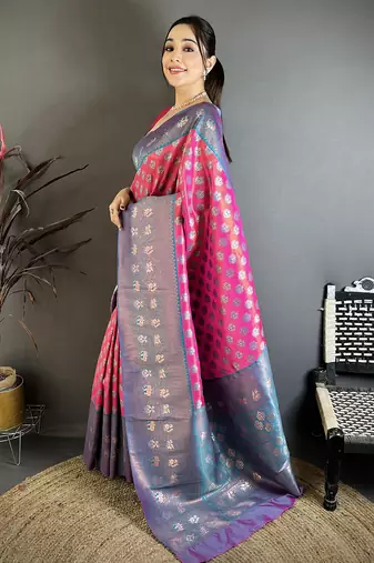 Women pink floral design  with  copper motifs tissue silk saree