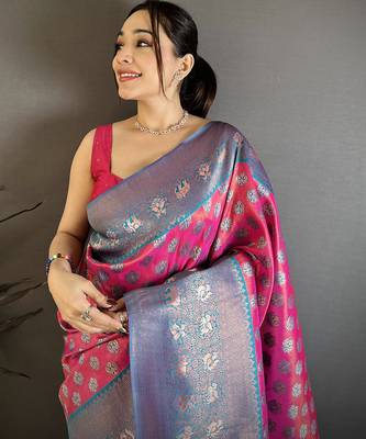 Women pink floral design with copper motifs tissue silk blend saree 3