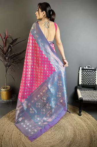 Women pink floral design  with  copper motifs tissue silk saree
