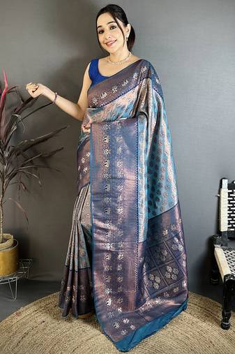 Women denim blue floral design  with  copper motifs tissue silk saree