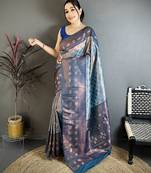 Women denim blue floral design  with  copper motifs tissue silk saree
