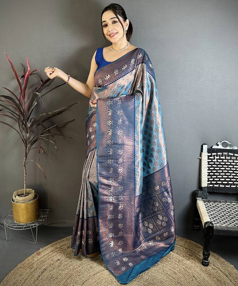 Women denim blue floral design  with  copper motifs tissue silk saree