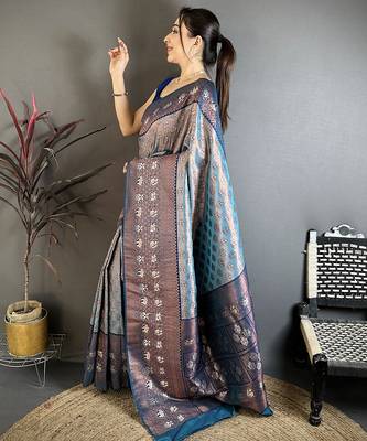 Women denim blue floral design with copper motifs tissue silk blend saree 2