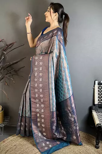 Women denim blue floral design  with  copper motifs tissue silk saree