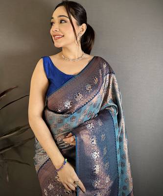 Women denim blue floral design with copper motifs tissue silk blend saree 3