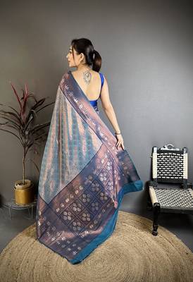 Women denim blue floral design with copper motifs tissue silk blend saree 4