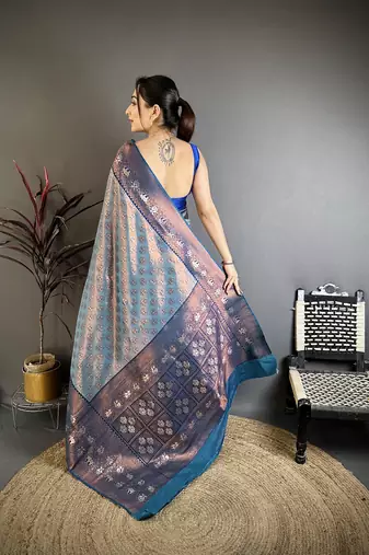 Women denim blue floral design  with  copper motifs tissue silk saree
