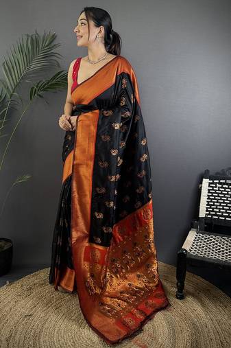 Women black nath meenakari weaves soft silk saree