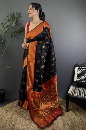 Women black nath meenakari weaves soft silk saree