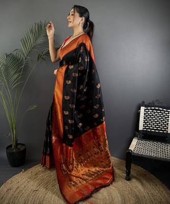 Women black nath meenakari weaves soft silk blend saree 2