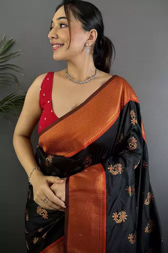 Women black nath meenakari weaves soft silk saree