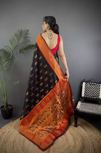 Women black nath meenakari weaves soft silk saree