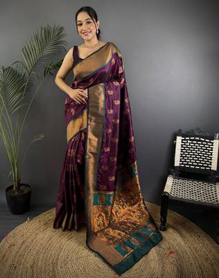Women wine nath meenakari weaves soft silk blend saree 1