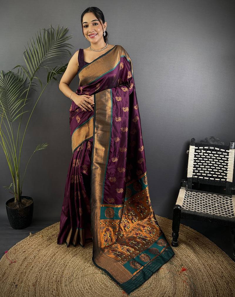 Women wine nath meenakari weaves soft silk saree