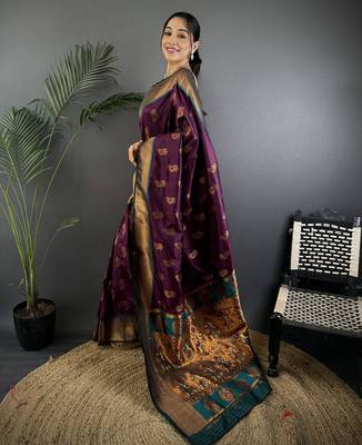 Women wine nath meenakari weaves soft silk blend saree 2