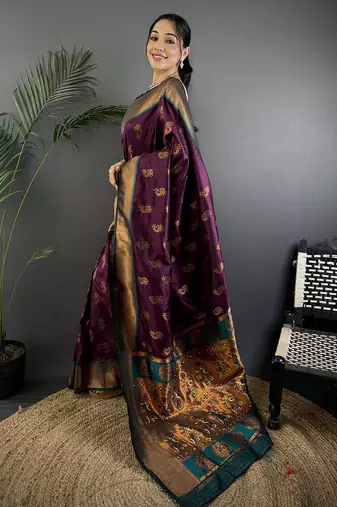 Women wine nath meenakari weaves soft silk saree