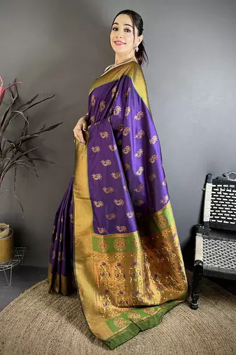 Women purple nath meenakari weaves soft silk saree