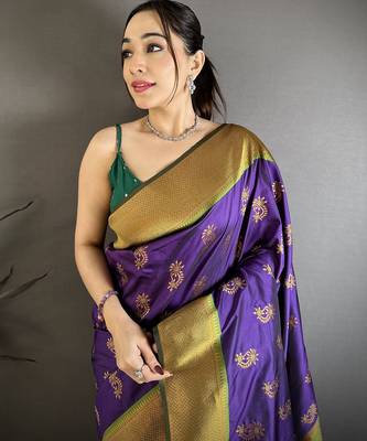 Women purple nath meenakari weaves soft silk blend saree 3