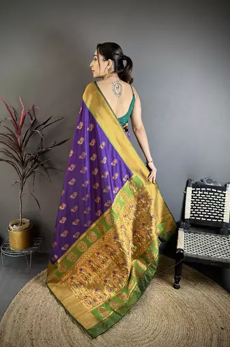 Women purple nath meenakari weaves soft silk saree