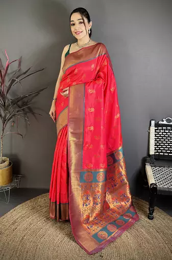 Women rani pink   nath meenakari weaves soft silk saree