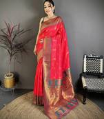 Women rani pink   nath meenakari weaves soft silk saree