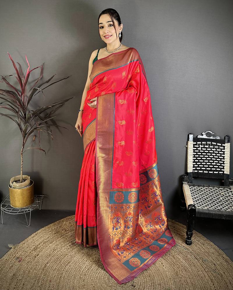 Women rani pink   nath meenakari weaves soft silk saree