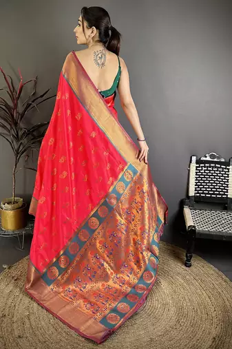 Women rani pink   nath meenakari weaves soft silk saree