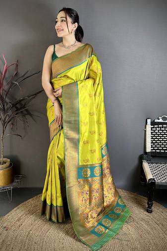 Women lime green nath meenakari weaves soft silk saree