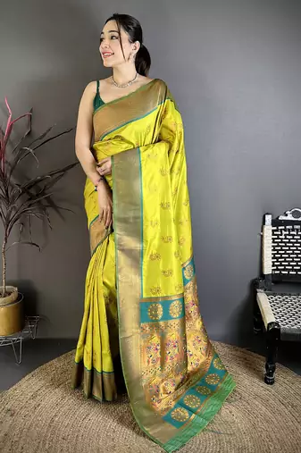 Women lime green nath meenakari weaves soft silk saree
