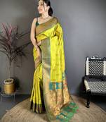 Women lime green nath meenakari weaves soft silk saree