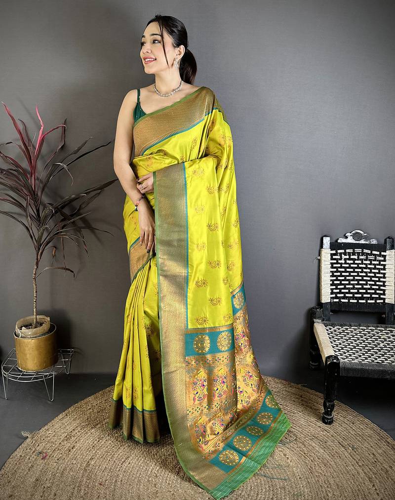 Women lime green nath meenakari weaves soft silk saree