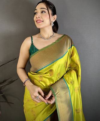 Women lime green nath meenakari weaves soft silk blend saree 3