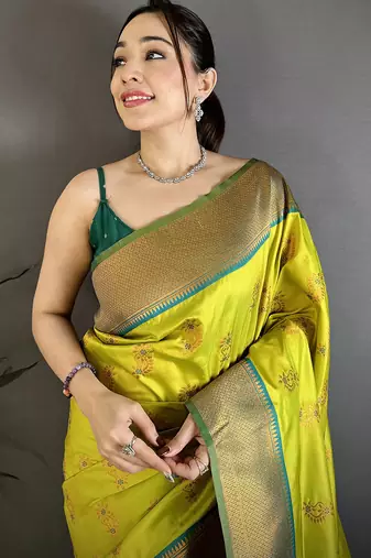 Women lime green nath meenakari weaves soft silk saree