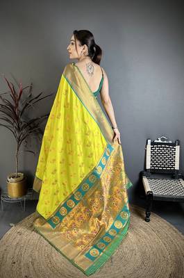 Women lime green nath meenakari weaves soft silk blend saree 4