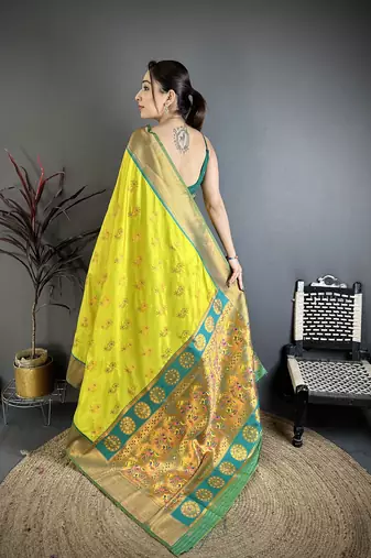 Women lime green nath meenakari weaves soft silk saree