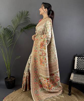 Women off-white meenakari weaving pashmina silk blend saree 2