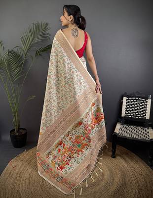 Women off-white meenakari weaving pashmina silk blend saree 4