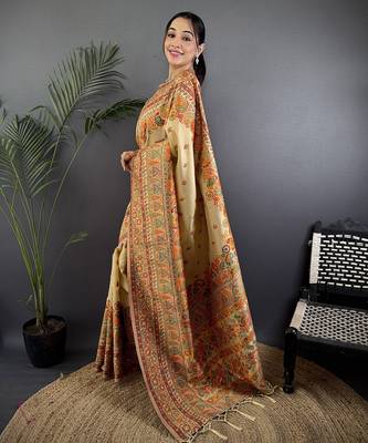 Women beige meenakari weaving pashmina silk blend saree 2