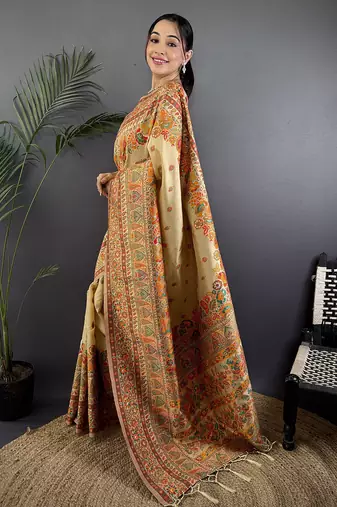 Women beige meenakari weaving pashmina silk saree