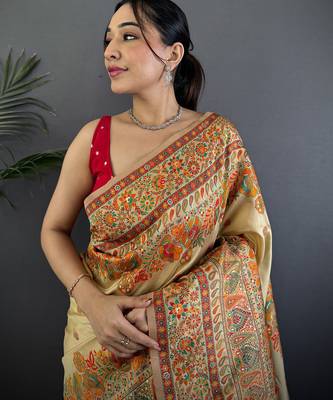 Women beige meenakari weaving pashmina silk blend saree 3