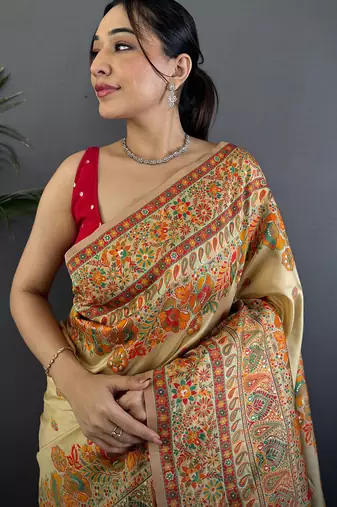 Women beige meenakari weaving pashmina silk saree