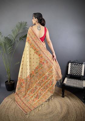 Women beige meenakari weaving pashmina silk blend saree 4