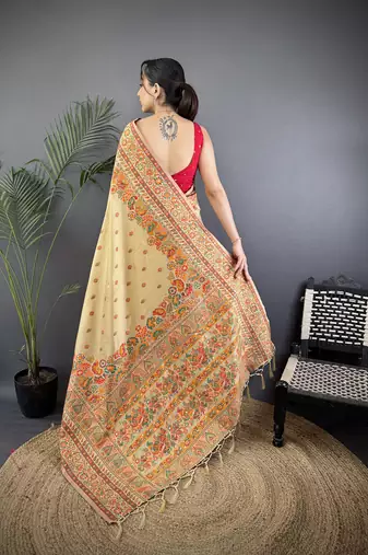 Women beige meenakari weaving pashmina silk saree